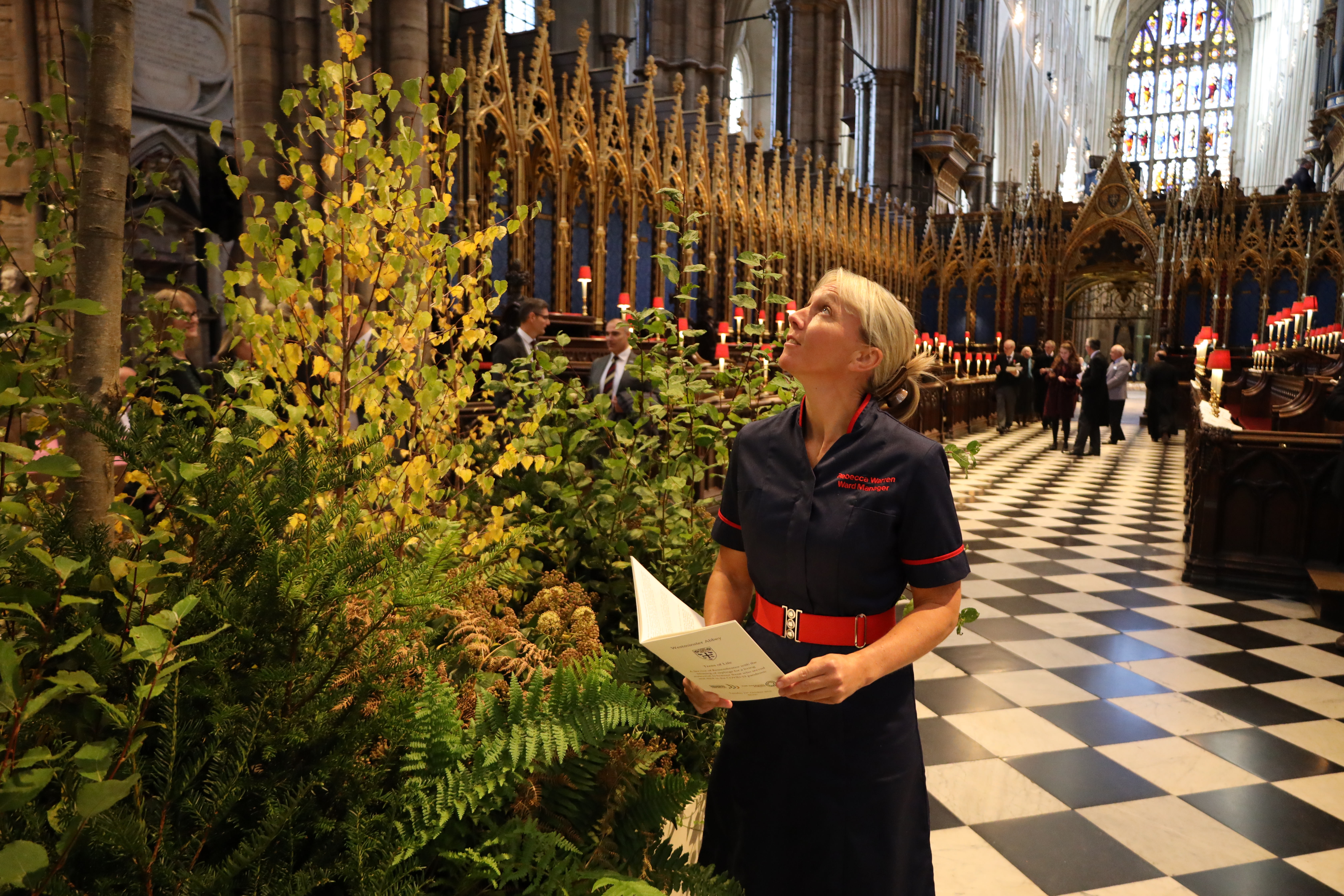 NHS nurse Becky Warren admires the saplings that will form the Trees of Life glade
