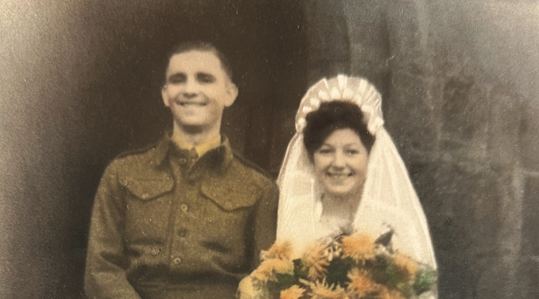 Grace and Harry Fouracres’ wedding on 9 December 1944 at St Laurence’s Church, Long Eaton, Derbyshire cropped