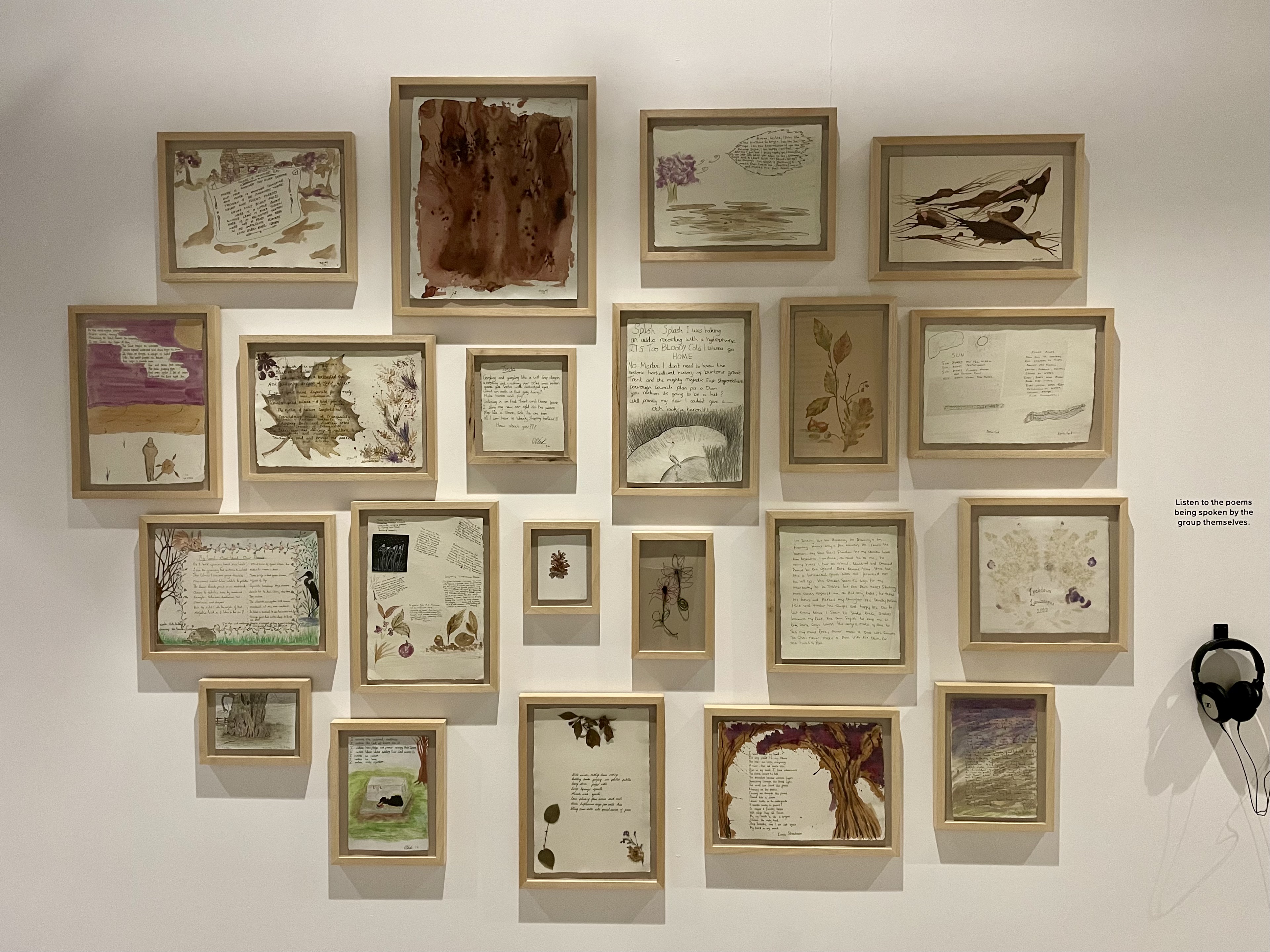 Framed artworks and poems created by the Burton social prescribing group for Lockdown Landscapes