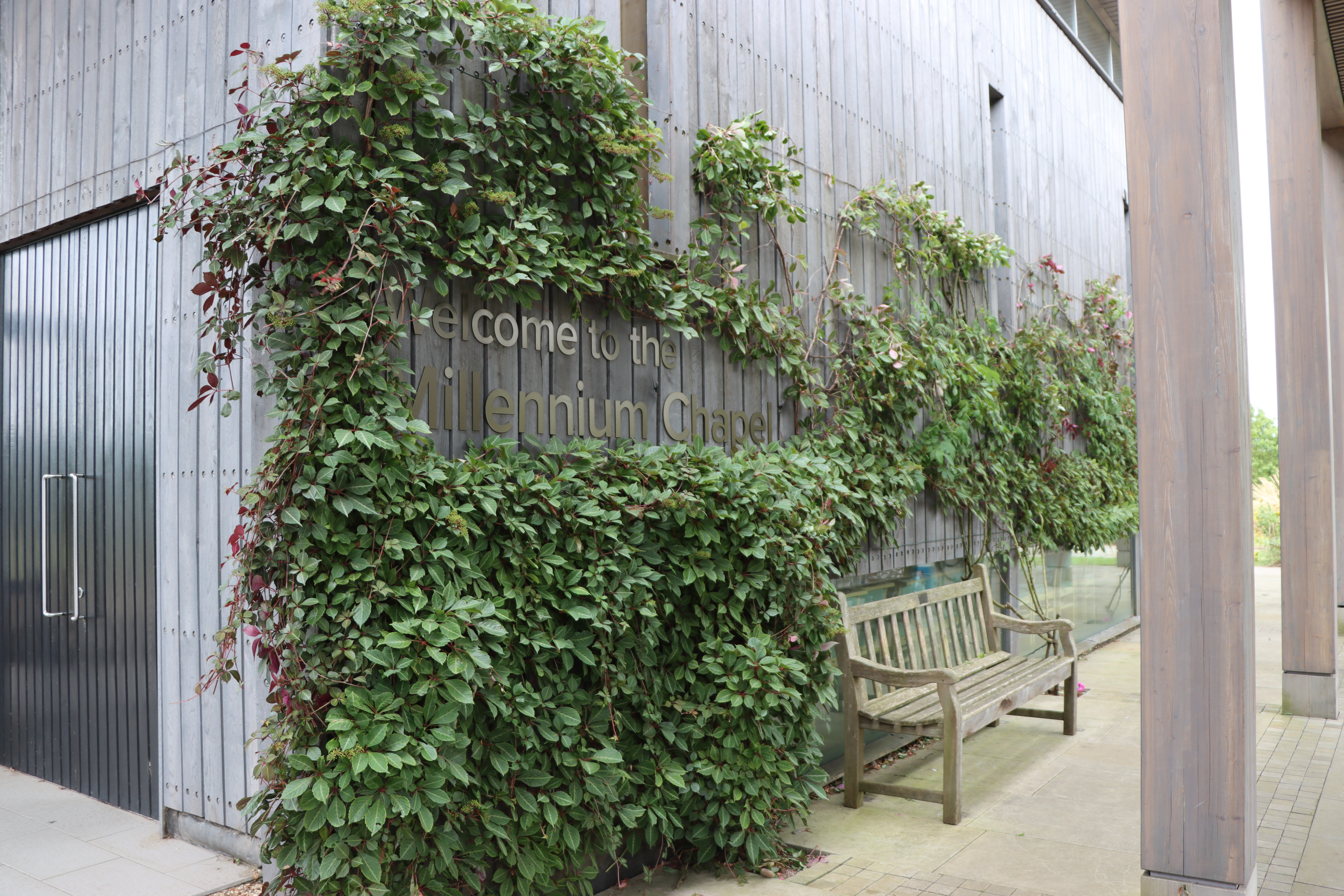The exterior of the Millennium Chapel at the National Remembrance Gardens, with ivy growing across the wall and a bench near the entrance.