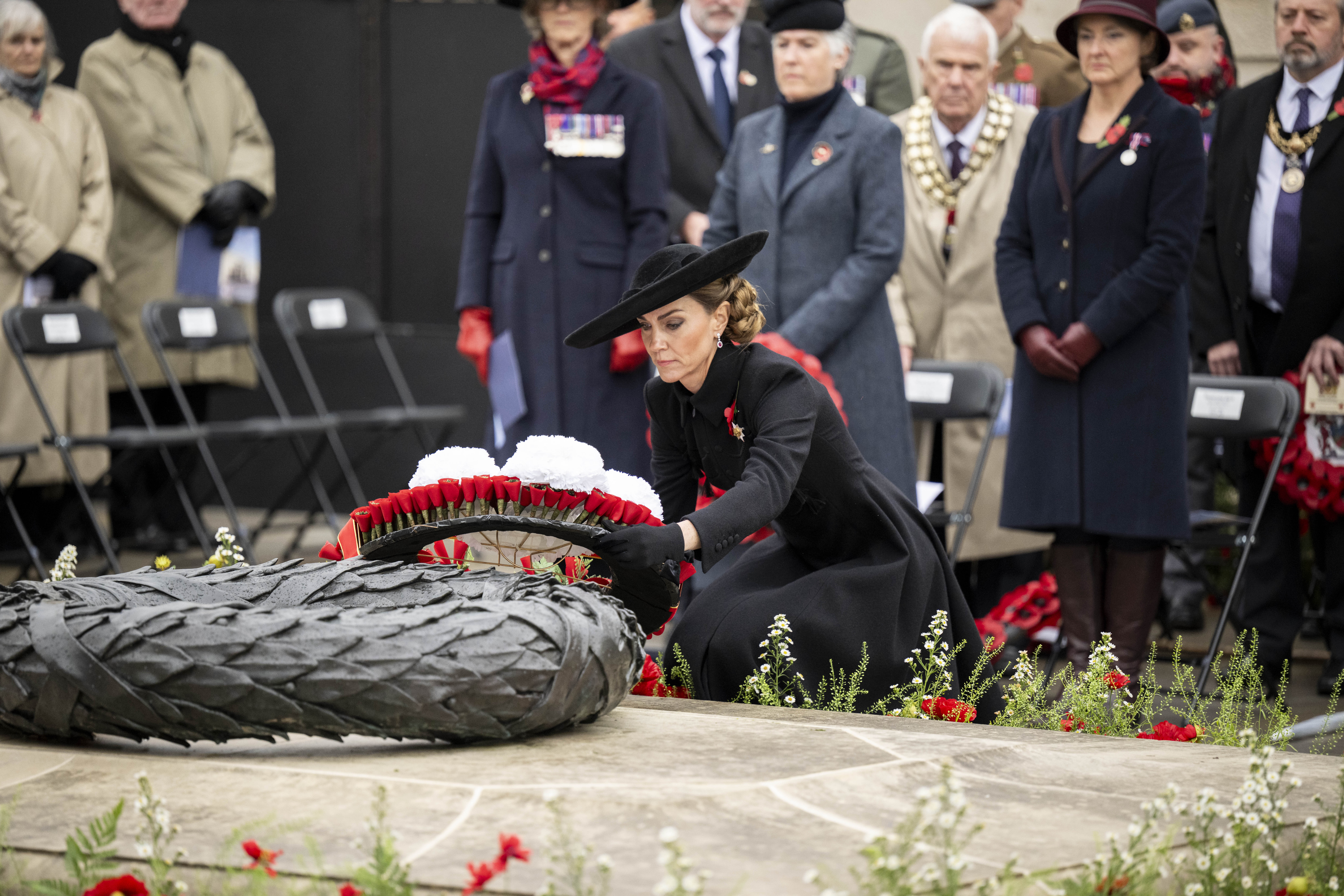 Her Royal Highness The Princess of Wales lays a wreath on the Armed Forces Memorial central wreath.