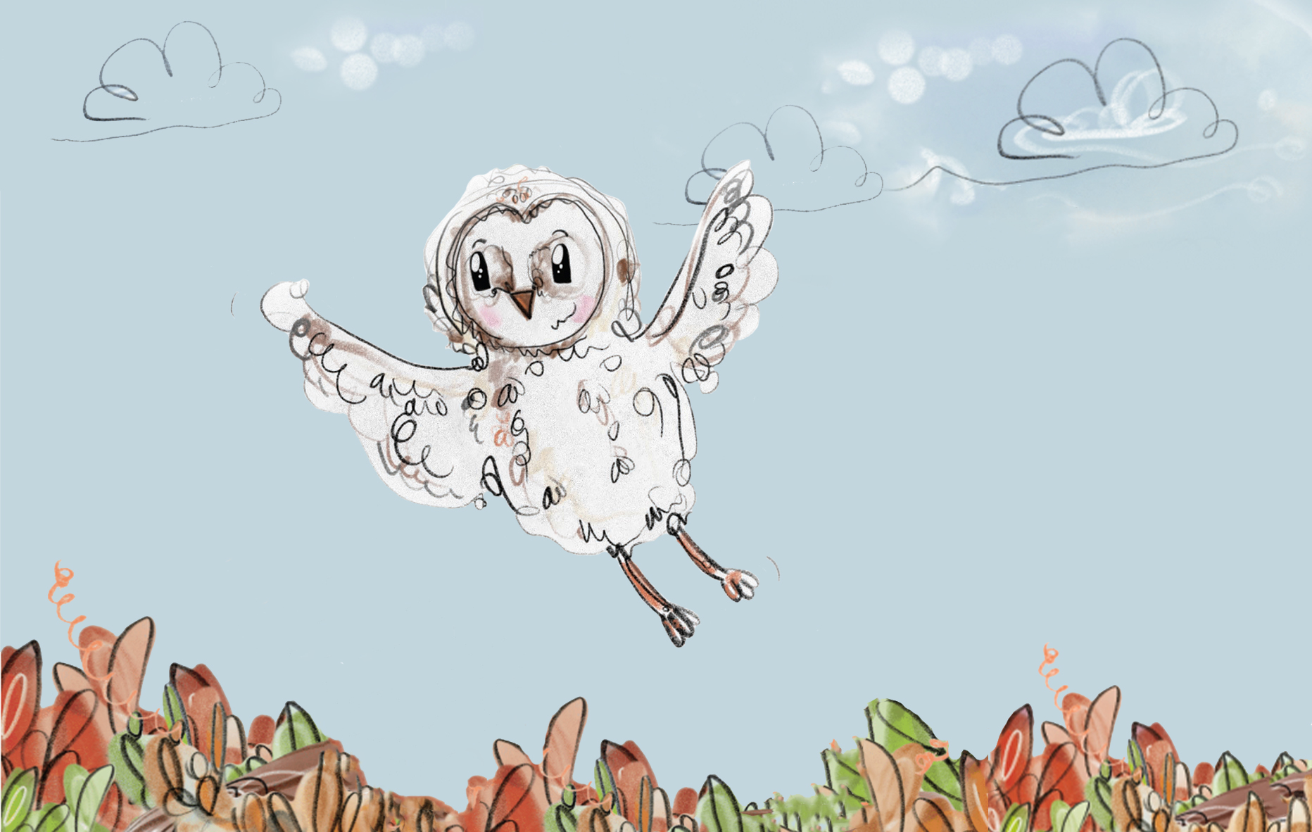 An illustration showing a young, fluffy owl flying above golden and red autumnal trees.