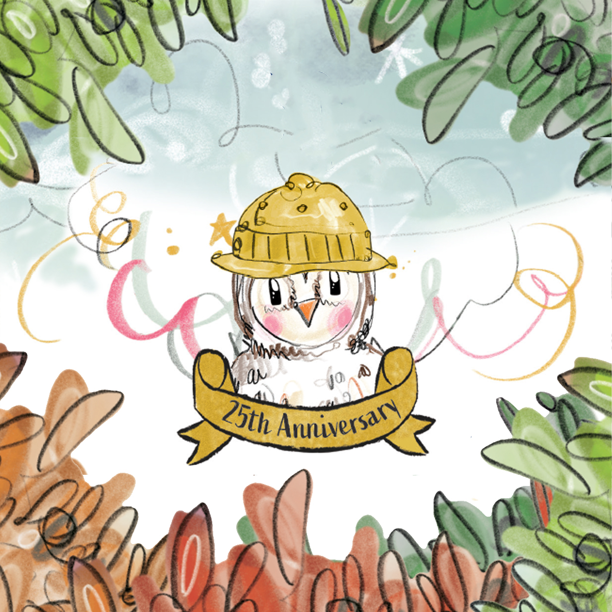 A graphic showing Arbie the Owl dressed as an Explorer, peering through trees.