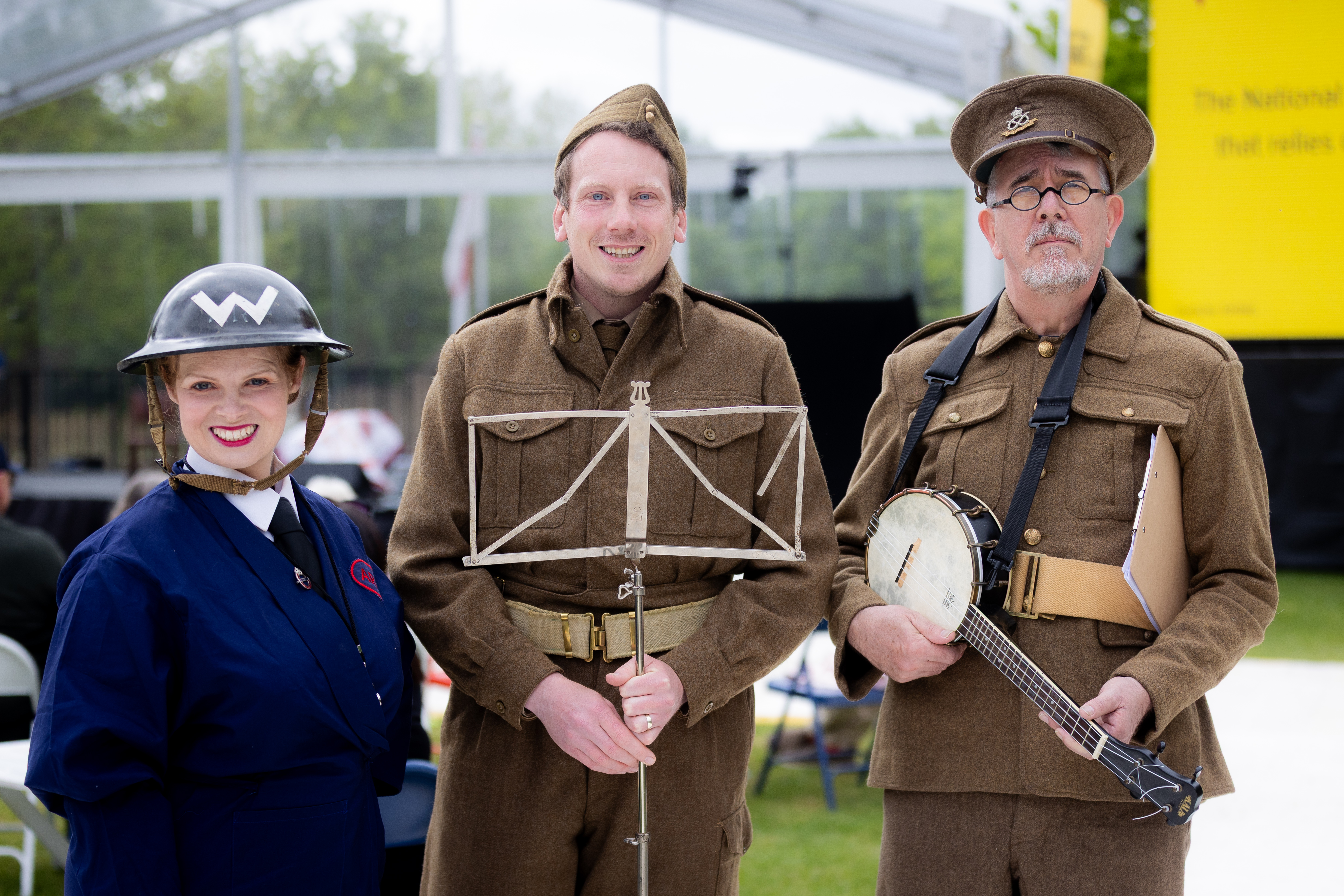 Bostin' Creative Team at our VE Day 80 Celebrations, dressed in period uniforms. Two are soldiers and one is a nurse.