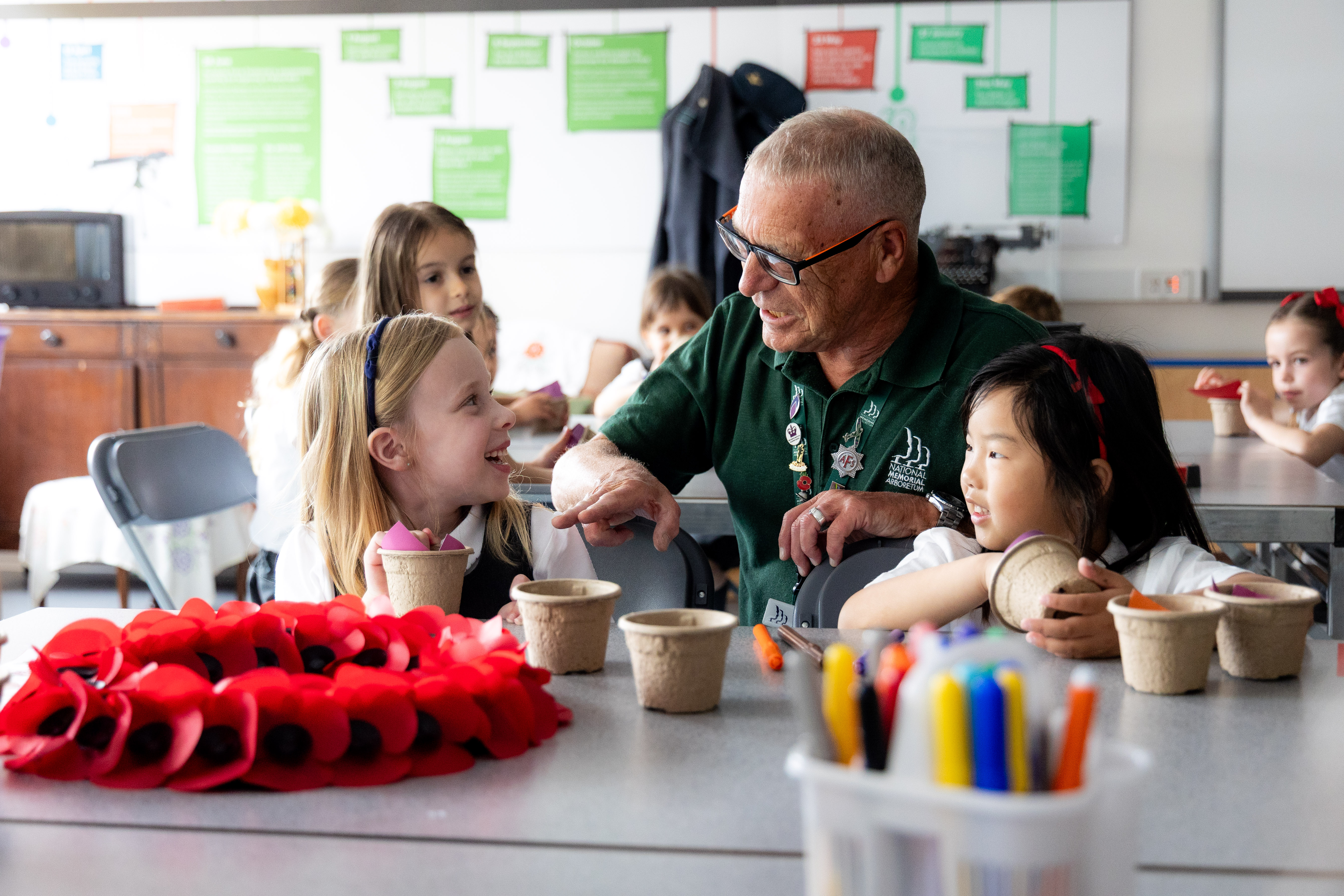 Key Stage One Students taking part in craft workshops in the National Remembrance Garden's classrooms